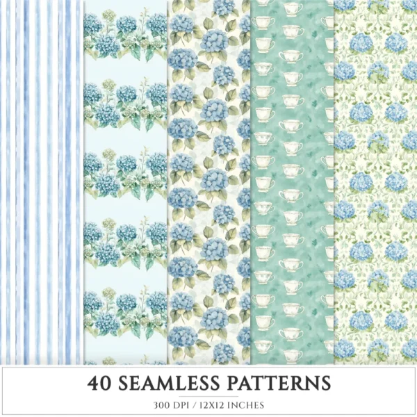 Hydrangea Haven Seamless Patterns, Romantic Floral JPEG, Botanical Pattern, Springtime, Hydrangea Repeating Pattern, Digital Scrapbook Paper
