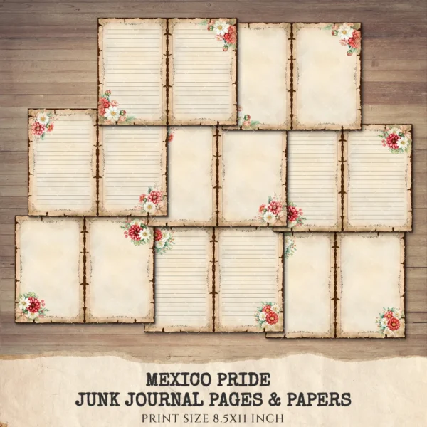 Mexico Pride Junk Journal Pages & Papers – Sombrero, Mexican Floral Printable, Fiesta, Cactus, Patriotic Scrapbook, Digital Download