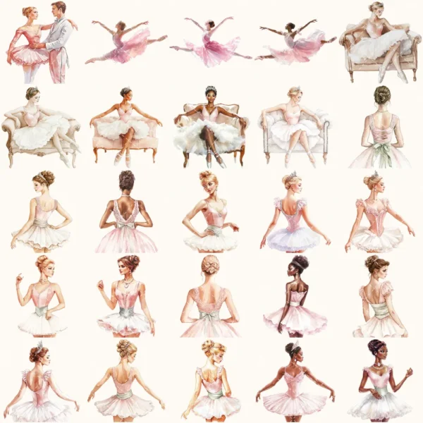 Swan Ballet Clipart Set – Swan Lake Ballerina Illustrations, Pink Ballet Dancer Graphics, Party Designs PNG, Pink Peonies, Digital download
