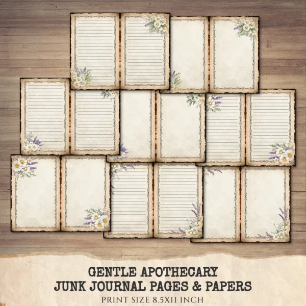 Gentle Apothecary Junk Journal Pages & Papers – Vintage Herb Jars, Botanical Printable, Lavender Scrapbook, Rosemary, Digital Download