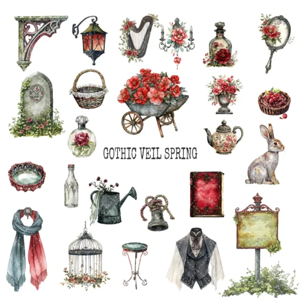 Gothic Veil Spring Clipart Set – Haunted Floral PNG Illustrations, Victorian Lace, Dark Spring Graphics, Romantic Gothic, Digital Download