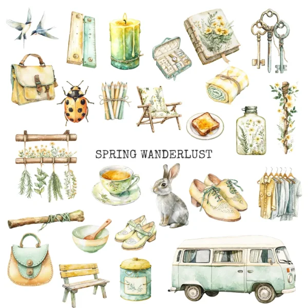 Spring Wanderlust Clipart Set – Countryside PNG Illustrations, Pastel Travel, Springtime Graphics, Bicycle, Wildflowers, Digital Download