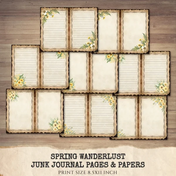Spring Wanderlust Junk Journal Pages & Papers – Countryside Travel, Springtime Printable, Wildflowers Scrapbook, Farmhouse, Digital Download
