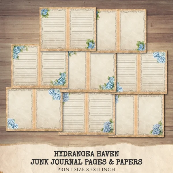 Hydrangea Haven Junk Journal Pages & Papers – Spring Cottage Garden, Romantic Floral Printable, Scrapbook, Cottagecore, Digital Download