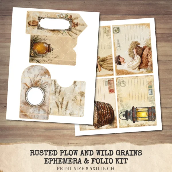 Rusted Plow and Wild Grains Ephemera & Folio Kit – Rustic Farm Harvest, Neutral Farmhouse Printables, Vintage Tags, Kits, Digital Download