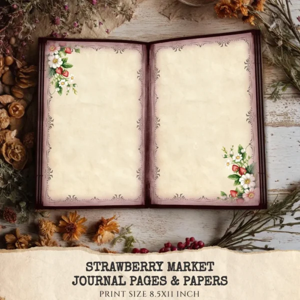 Strawberry Market Junk Journal Pages & Papers – Strawberry Blossom, Spring Fruit Printable, Basket Textures Scrapbook, Digital Download