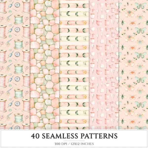Ostara Spirit Seamless Patterns, Pagan Equinox JPEG, Tulips Pattern, Egg, Rabbit, Florals, Herbs Repeating Pattern, Digital Scrapbook Paper