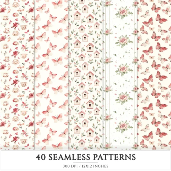 Bloom Wonderland Seamless Patterns, Dreamy Floral JPEG, Rose Pink Pattern, Lantern, Bunny, Spring Repeating Pattern, Digital Scrapbook Paper