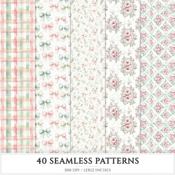 Swan Ballet Seamless Patterns, Pink Ballet JPEG, Peony Floral Pattern, Tutu, Polka, Pink Bow Repeating Pattern, Digital Scrapbook Paper