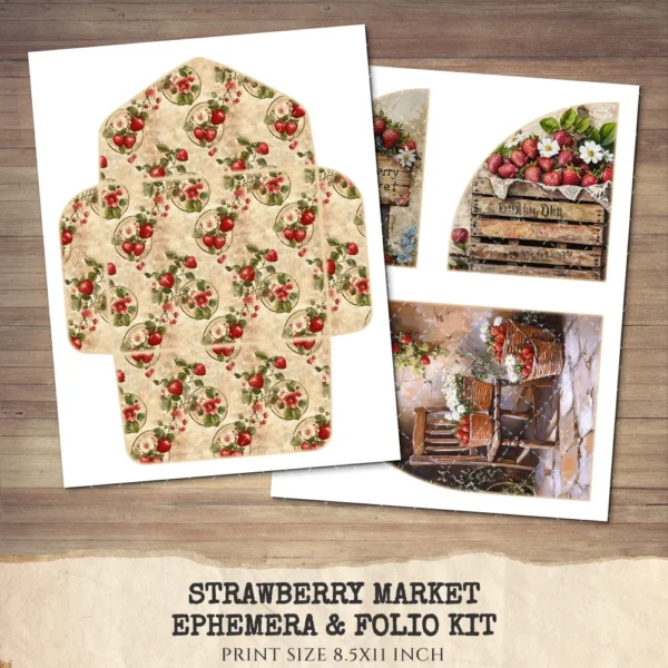 Strawberry Market Ephemera & Folio Kit – Spring Fruit, Berries, Strawberry Printables, Vintage, Fruit Market Tags, Kits, Digital Download