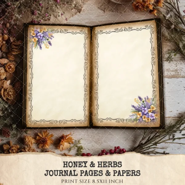 Honey and Herbs Junk Journal Pages & Papers – Lavender Herb, Honey Pot Printable, Honeycomb, Rustic Recipe Scrapbook, Digital Download