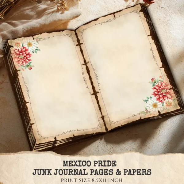 Mexico Pride Junk Journal Pages & Papers – Sombrero, Mexican Floral Printable, Fiesta, Cactus, Patriotic Scrapbook, Digital Download