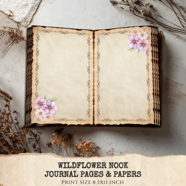 Wildflower Nook Junk Journal Pages & Papers – Books and Candles, Cozy Reading Printable, Wildflower Scrapbook, Lavender, Digital Download