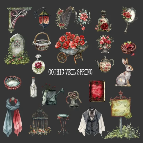 Gothic Veil Spring Clipart Set – Haunted Floral PNG Illustrations, Victorian Lace, Dark Spring Graphics, Romantic Gothic, Digital Download