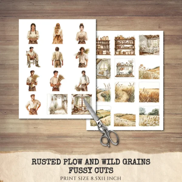 Rusted Plow and Wild Grains Clipart Set – Rustic Farm Illustrations, Masculine Harvest Graphics, Vintage Farmhouse, Harvest,Digital download