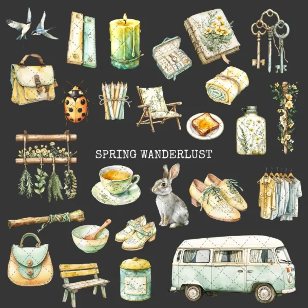 Spring Wanderlust Clipart Set – Countryside PNG Illustrations, Pastel Travel, Springtime Graphics, Bicycle, Wildflowers, Digital Download
