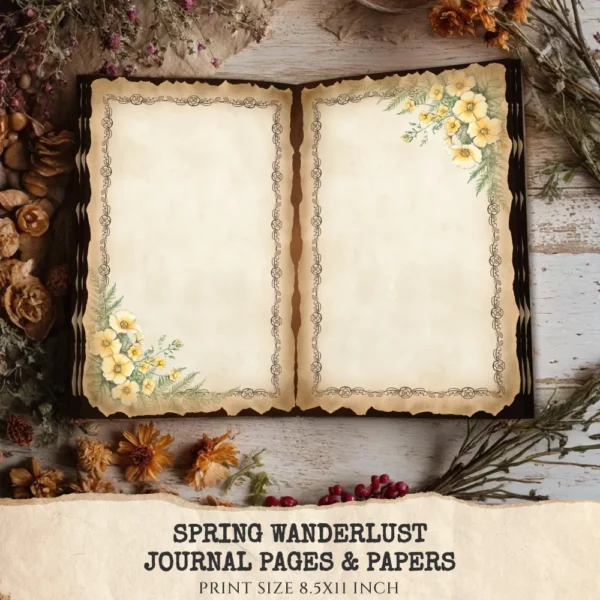 Spring Wanderlust Junk Journal Pages & Papers – Countryside Travel, Springtime Printable, Wildflowers Scrapbook, Farmhouse, Digital Download