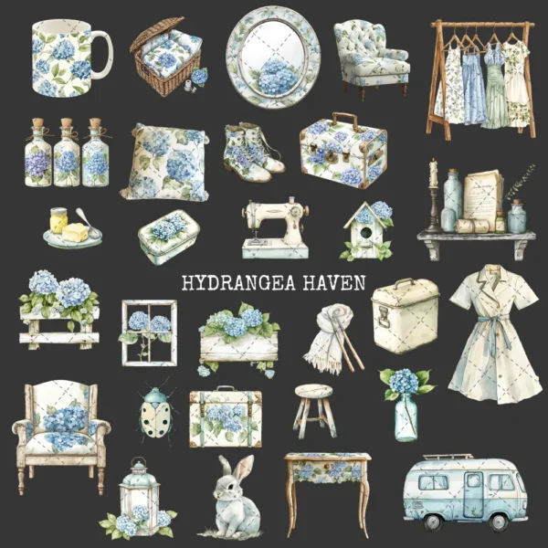 Hydrangea Haven Clipart Set – Spring Cottage Garden PNG Illustrations, Botanical, Pastel Floral, Romantic Floral Graphics, Digital Download