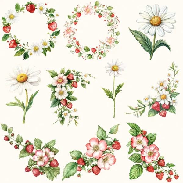 Strawberry Market Floral Arrangements, Spring Fruit PNG, Daisy Bouquet, Strawberry Blossom Art, Floral Decor, Ornaments, Digital download