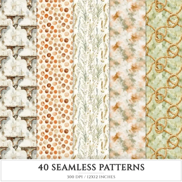 Rusted Plow and Wild Grains Seamless Patterns, Farmhouse JPEG, Harvest Pattern, Spring Grain Repeating Pattern, Digital Scrapbook Paper