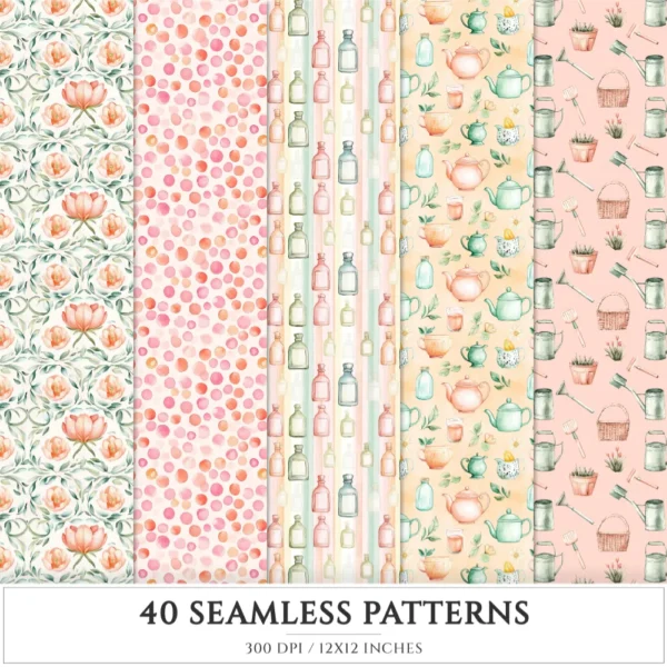 Ostara Spirit Seamless Patterns, Pagan Equinox JPEG, Tulips Pattern, Egg, Rabbit, Florals, Herbs Repeating Pattern, Digital Scrapbook Paper