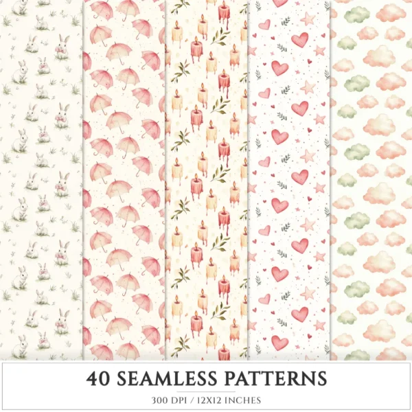 Bloom Wonderland Seamless Patterns, Dreamy Floral JPEG, Rose Pink Pattern, Lantern, Bunny, Spring Repeating Pattern, Digital Scrapbook Paper