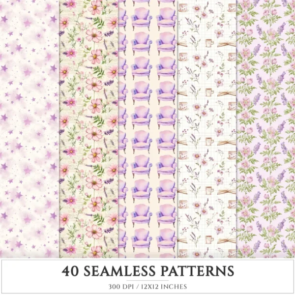 Wildflower Nook Seamless Patterns, Cozy Reading JPEG, Books and Candles Pattern, Reading Nook Repeating Pattern, Digital Scrapbook Paper