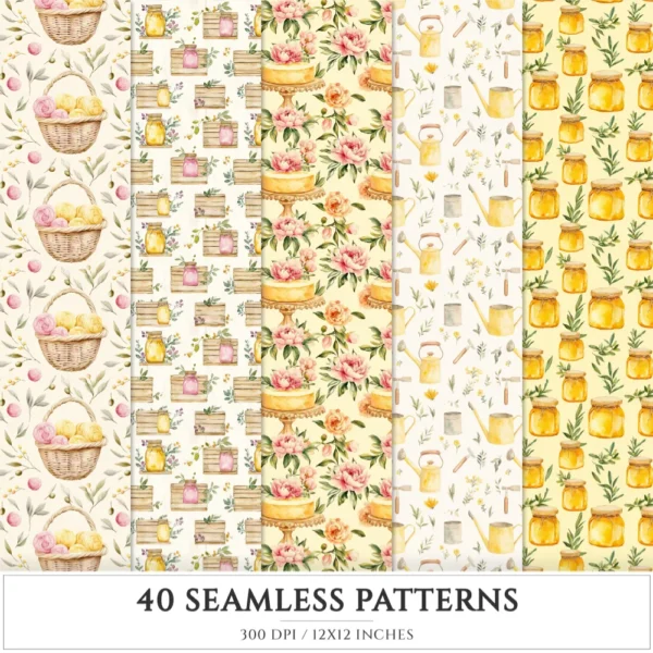 Honey Petal Archive Seamless Patterns, Springtime JPEG, Peony Pattern, Bee, Polka, Honeycomb Repeating Pattern, Digital Scrapbook Paper