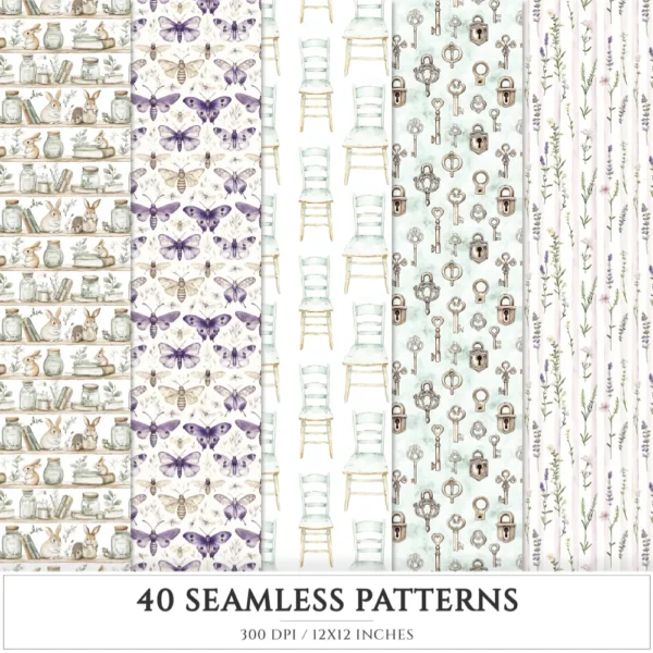 Gentle Apothecary Seamless Patterns, Herbal JPEG, Lavender Pattern, Chamomile, Rosemary, Botanical Repeating Pattern,Digital Scrapbook Paper