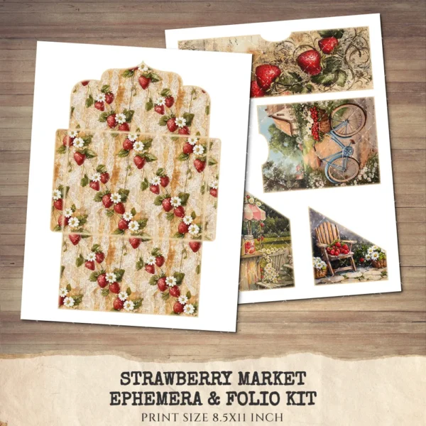 Strawberry Market Ephemera & Folio Kit – Spring Fruit, Berries, Strawberry Printables, Vintage, Fruit Market Tags, Kits, Digital Download