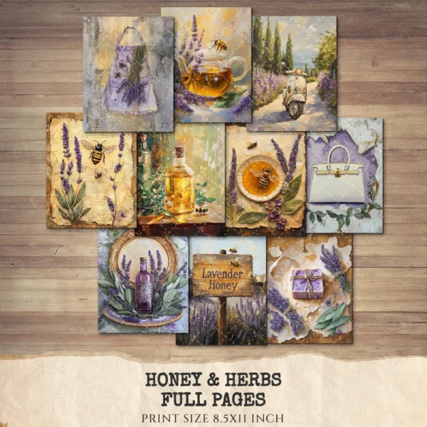 Honey and Herbs Junk Journal Pages & Papers – Lavender Herb, Honey Pot Printable, Honeycomb, Rustic Recipe Scrapbook, Digital Download