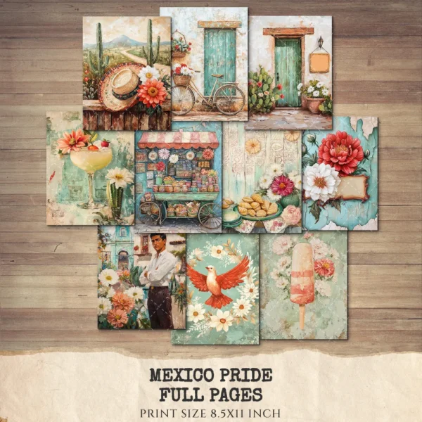 Mexico Pride Junk Journal Pages & Papers – Sombrero, Mexican Floral Printable, Fiesta, Cactus, Patriotic Scrapbook, Digital Download
