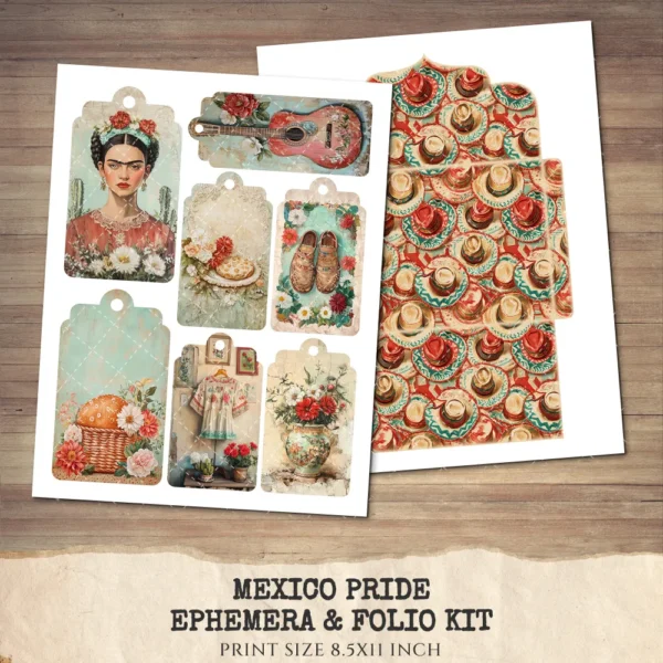Mexico Pride Ephemera & Folio Kit – Patriotic Sombrero, Mexican Floral Printables, Cactus, Vintage, Pride Tags, Kits, Digital Download