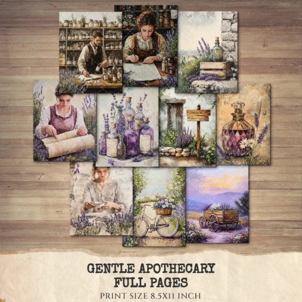 Gentle Apothecary Junk Journal Pages & Papers – Vintage Herb Jars, Botanical Printable, Lavender Scrapbook, Rosemary, Digital Download