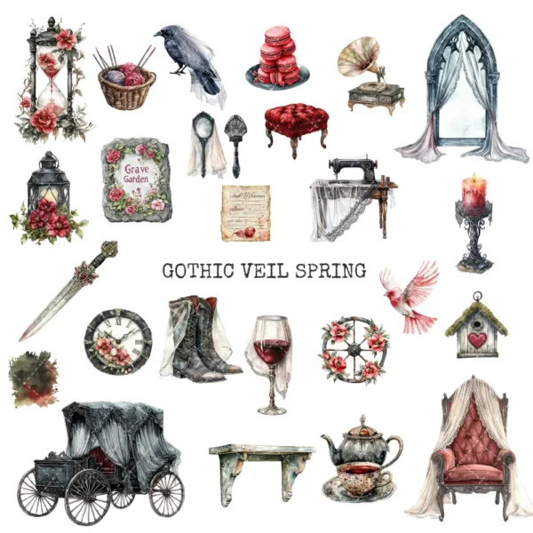 Gothic Veil Spring Clipart Set – Haunted Floral PNG Illustrations, Victorian Lace, Dark Spring Graphics, Romantic Gothic, Digital Download
