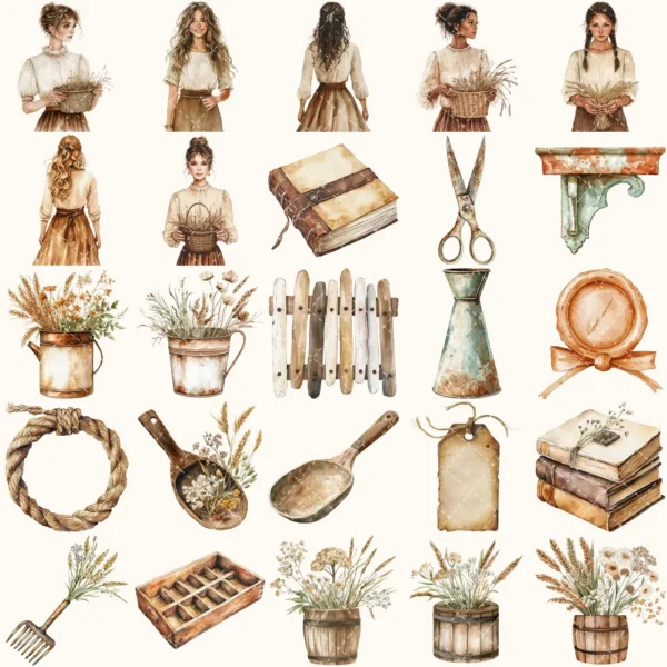 Rusted Plow and Wild Grains Clipart Set – Rustic Farm Illustrations, Masculine Harvest Graphics, Vintage Farmhouse, Harvest,Digital download