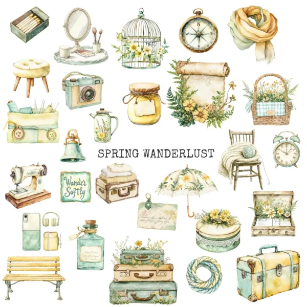 Spring Wanderlust Clipart Set – Countryside PNG Illustrations, Pastel Travel, Springtime Graphics, Bicycle, Wildflowers, Digital Download