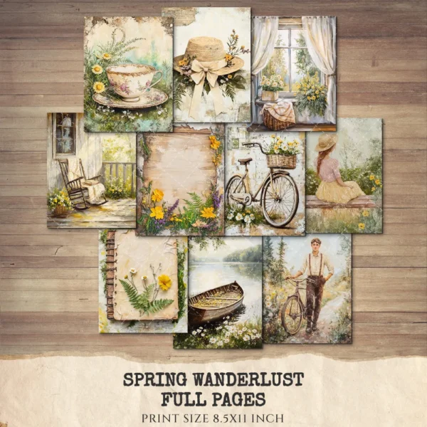 Spring Wanderlust Junk Journal Pages & Papers – Countryside Travel, Springtime Printable, Wildflowers Scrapbook, Farmhouse, Digital Download