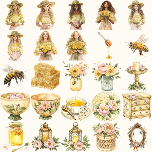Honey Petal Archive Clipart Set – Vintage Botanical Illustrations, Antique Floral Graphics, Springtime, Spring Peony, Digital download