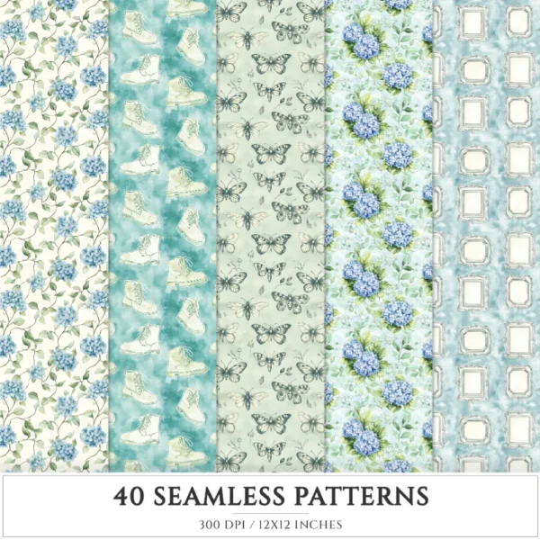 Hydrangea Haven Seamless Patterns, Romantic Floral JPEG, Botanical Pattern, Springtime, Hydrangea Repeating Pattern, Digital Scrapbook Paper