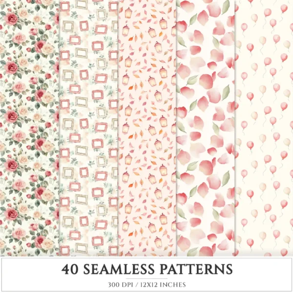 Bloom Wonderland Seamless Patterns, Dreamy Floral JPEG, Rose Pink Pattern, Lantern, Bunny, Spring Repeating Pattern, Digital Scrapbook Paper