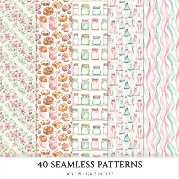Swan Ballet Seamless Patterns, Pink Ballet JPEG, Peony Floral Pattern, Tutu, Polka, Pink Bow Repeating Pattern, Digital Scrapbook Paper