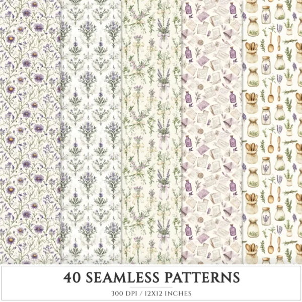 Gentle Apothecary Seamless Patterns, Herbal JPEG, Lavender Pattern, Chamomile, Rosemary, Botanical Repeating Pattern,Digital Scrapbook Paper