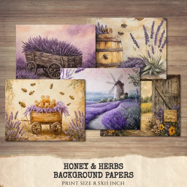 Honey and Herbs Junk Journal Pages & Papers – Lavender Herb, Honey Pot Printable, Honeycomb, Rustic Recipe Scrapbook, Digital Download