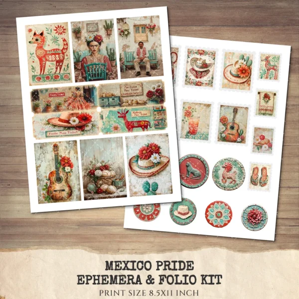 Mexico Pride Ephemera & Folio Kit – Patriotic Sombrero, Mexican Floral Printables, Cactus, Vintage, Pride Tags, Kits, Digital Download