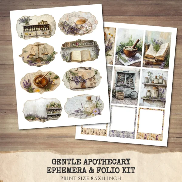 Gentle Apothecary Ephemera & Folio Kit – Vintage Herb Jars, Botanical Printables, Lavender, Chamomile, Herbal Tags, Kits, Digital Download