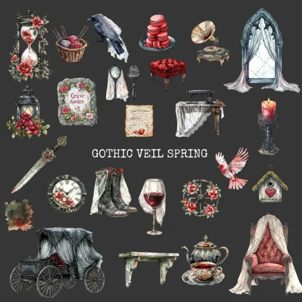 Gothic Veil Spring Clipart Set – Haunted Floral PNG Illustrations, Victorian Lace, Dark Spring Graphics, Romantic Gothic, Digital Download