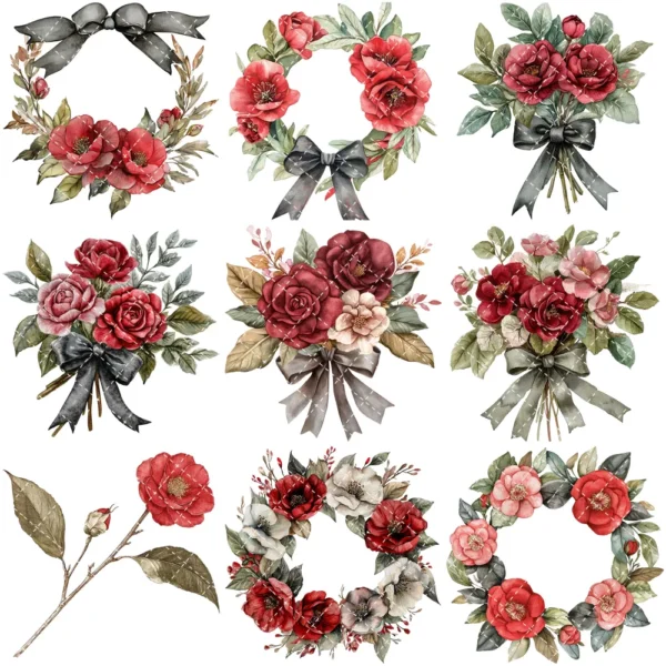 Gothic Veil Spring Floral Arrangements, Haunted Floral PNG, Camellia Bouquet, Dark Art, Dark Spring, Decor, Ornaments, Digital Download