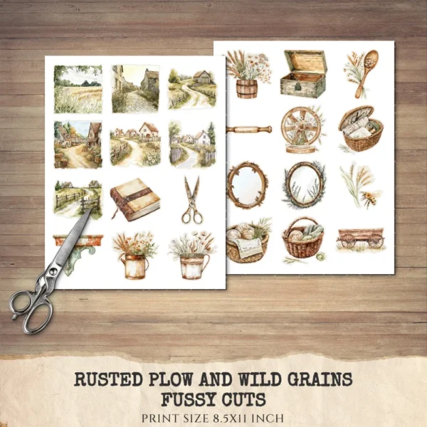 Rusted Plow and Wild Grains Clipart Set – Rustic Farm Illustrations, Masculine Harvest Graphics, Vintage Farmhouse, Harvest,Digital download