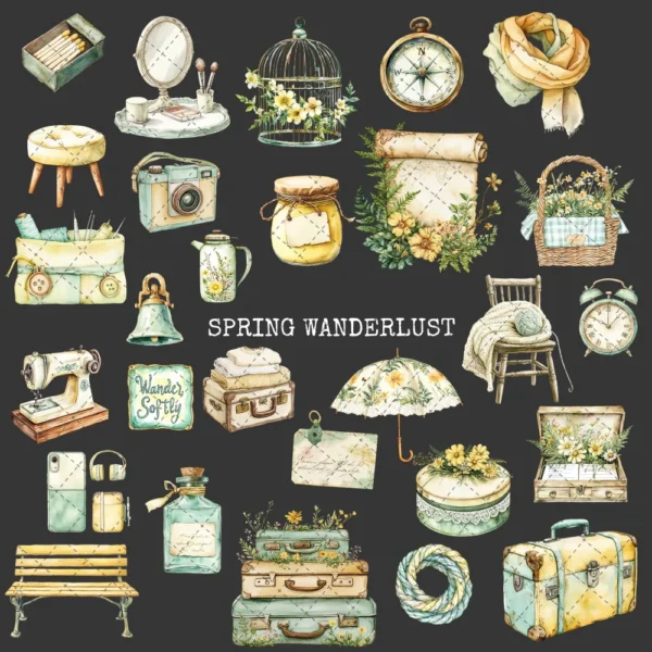 Spring Wanderlust Clipart Set – Countryside PNG Illustrations, Pastel Travel, Springtime Graphics, Bicycle, Wildflowers, Digital Download